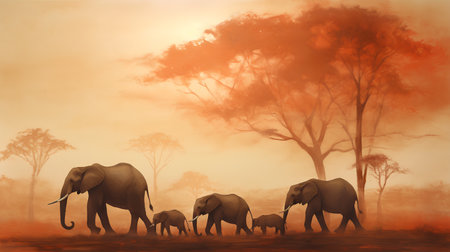 Elephants in the misty forest. 3D illustration.の素材