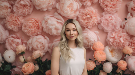 Portrait of a beautiful blonde woman in a white dress on a background of pink peoniesの素材