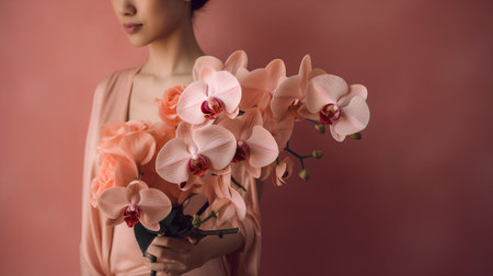 cropped view of woman holding bouquet of pink orchidsの素材