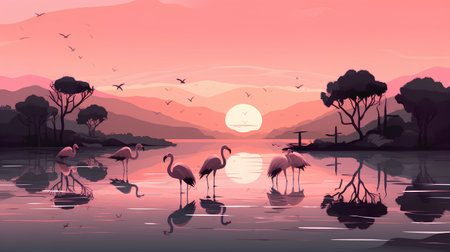 Landscape with flamingos in the lake at sunset. Vector illustrationの素材