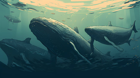 Underwater scene with whale in deep blue sea. Vector illustration.の素材