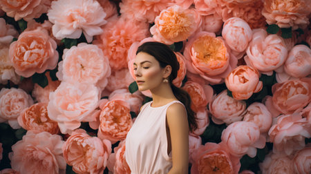 Beautiful young woman with closed eyes posing in front of a wall of flowersの素材