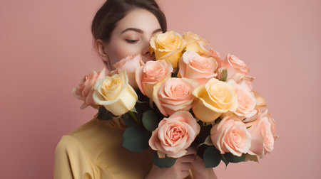Beautiful girl with a bouquet of roses on a pink backgroundの素材