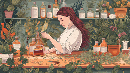 Vector illustration of a woman working in a botanical shop. Herbarium with plants, flowers and bottles.の素材