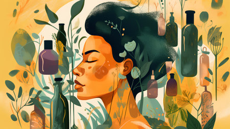 Portrait of a beautiful woman with flowers in her hair. Vector illustration.の素材