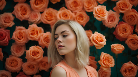Portrait of a beautiful young blonde woman on a background of rosesの素材