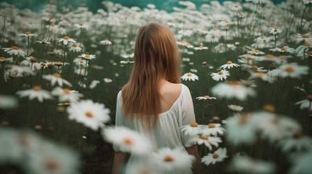 Beautiful young woman in camomile field, back view.の素材