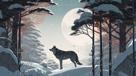 Vector illustration of a wolf in the forest at night with full moon.の素材