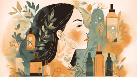 Vector illustration of a beautiful woman with bottles of wine and herbs.の素材