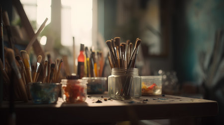 Paintbrushes and paints on the table in the artist's studioの素材