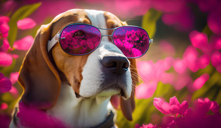 Portrait of a beagle dog in pink sunglasses on a background of flowers.の素材