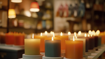 Burning candles in a shop window. Shallow depth of field.の素材
