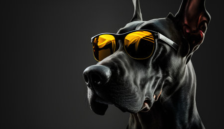 Portrait of great dane dog wearing sunglasses isolated on black backgroundの素材