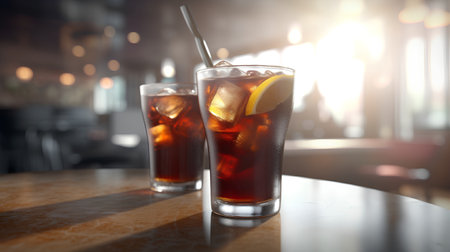 Glasses of cola with ice cubes, lemon and straw on a table in a cafeの素材