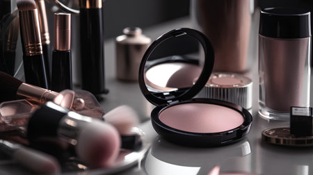 Cosmetic branding, fashion blog cover and girly glamour concept - Make-up and cosmetics product set on vanity table, lipstick, eyeshadow palette and blushes for luxury beauty brand promotionの素材
