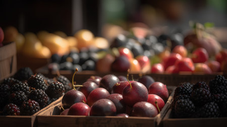 Fresh fruits and berries in a wooden box. Selective focus.の素材