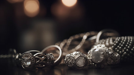 Wedding rings on a black background with candles and bokehの素材