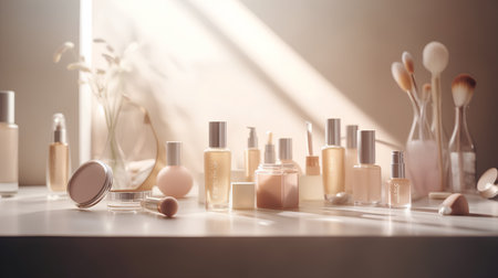 Cosmetic branding, salon and glamour concept - Nail polish bottles on vanity table, french manicure and pedicure products, make-up and skincare cosmetics product for luxury beauty brand designの素材