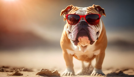 english bulldog wearing red sunglasses on the beach, shallow dofの素材