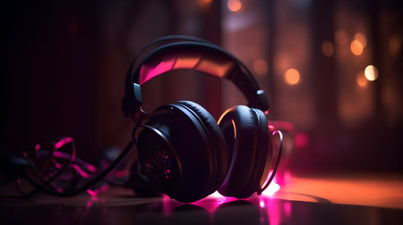 Headphones on a dark background with neon lights. Music concept.の素材
