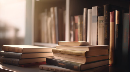 Books on a shelf in a library. Education and learning concept.の素材