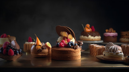 Variety of different cakes on a wooden board. Dark background.の素材