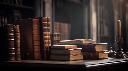 Bookshelf with old books and lit candle. Retro style.の素材