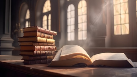 Open book and stack of old books on wooden table in church interiorの素材