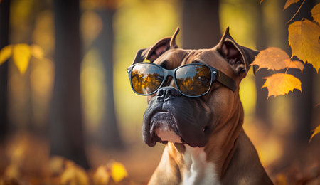 boxer dog with sunglasses in the autumn forest. The concept of a healthy lifestyle.の素材