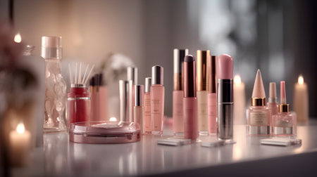 Cosmetic branding, girly and glamour concept - Make-up products set on dressing vanity table, lipstick, nailpolish and eyeshadow for luxury beauty brand ads, holiday make-up and cosmetics designの素材