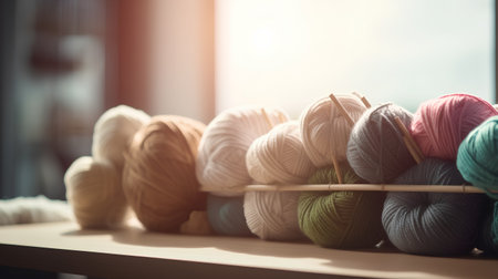 Colorful wool yarn balls on shelf in knitting shop. Knitting hobby conceptの素材