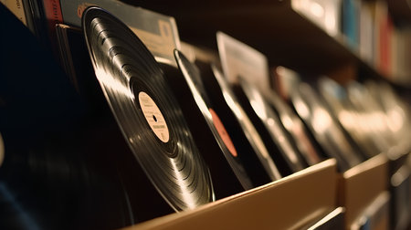 Vinyl records on shelf in music store, shallow depth of fieldの素材