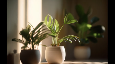 Houseplants in pots on the windowsill, illuminated by sunlightの素材