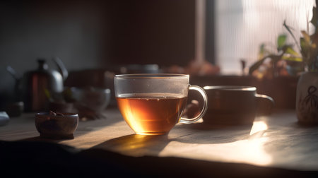 Cup of tea on a wooden table in the morning light.の素材