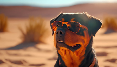 Portrait of a Rottweiler dog wearing sunglasses in the desertの素材