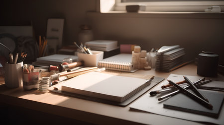 Close-up of artist workspace with brushes, pencils and notepad on tableの素材