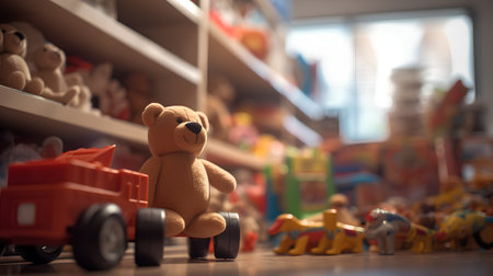 Teddy bear toy on shelves in toy store. Selective focus.の素材