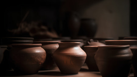 clay pots on the table in a pottery workshop, shallow depth of fieldの素材