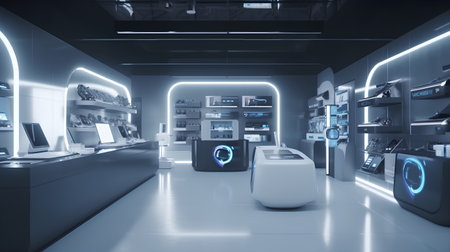 3d rendering of interior of a modern shopping mall in blue tonesの素材