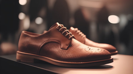 luxury brown leather shoes in the shop window. Shallow depth of fieldの素材