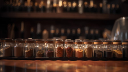 Spices in glass bottles on a shelf in a restaurant, shallow depth of fieldの素材