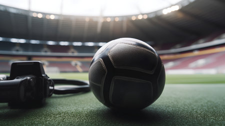 Soccer ball and headphones on the background of a football stadium.の素材