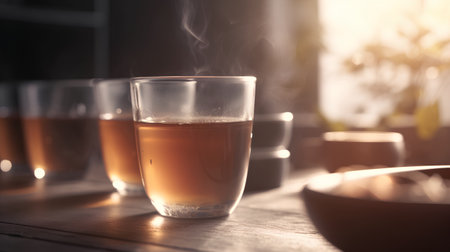 Glasses of hot tea on a wooden table in a cafe.の素材