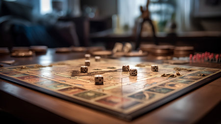 Wooden board game with dice and chips. Vintage style toned pictureの素材