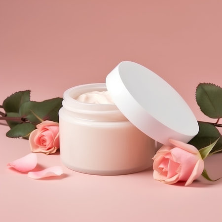 Cosmetic cream with rose flowers on pink background, beauty and spa conceptの素材
