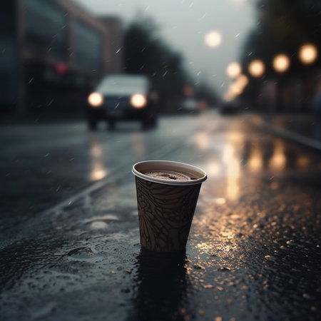 Coffee cup on wet street in rainy day. Shallow DOFの素材