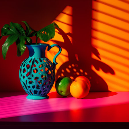 Tropical fruit in blue vase and orange on red backgroundの素材