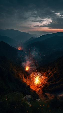 Beautiful fireworks in the mountains at sunset. 3d rendering.の素材