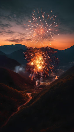Beautiful firework in the mountains at sunset. Colorful backgroundの素材