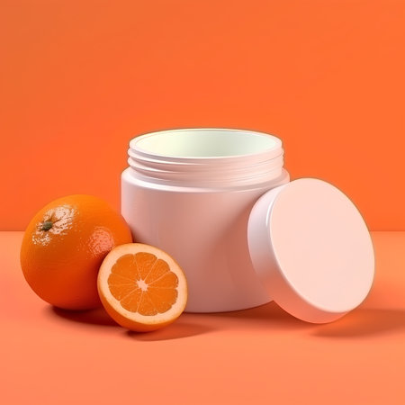cosmetic cream in a jar with oranges on orange background. 3d renderingの素材